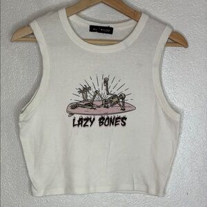 Social Scene Baby tee ribbed White Sleeveless Top cropped Lazy Bones Graphic